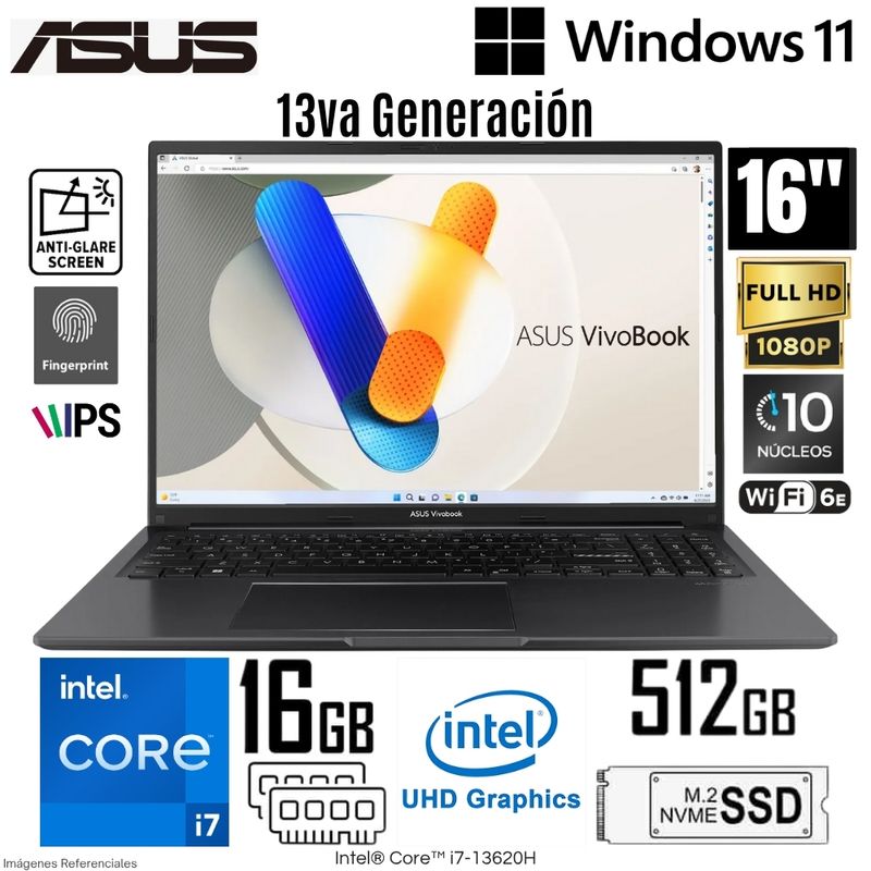 ASUS - Laptop Asus Vivobook X1605VA-MB1235 Intel Core i7-13620H 16GB RAM 512GB SSD 16"  WUXGA Indie Black