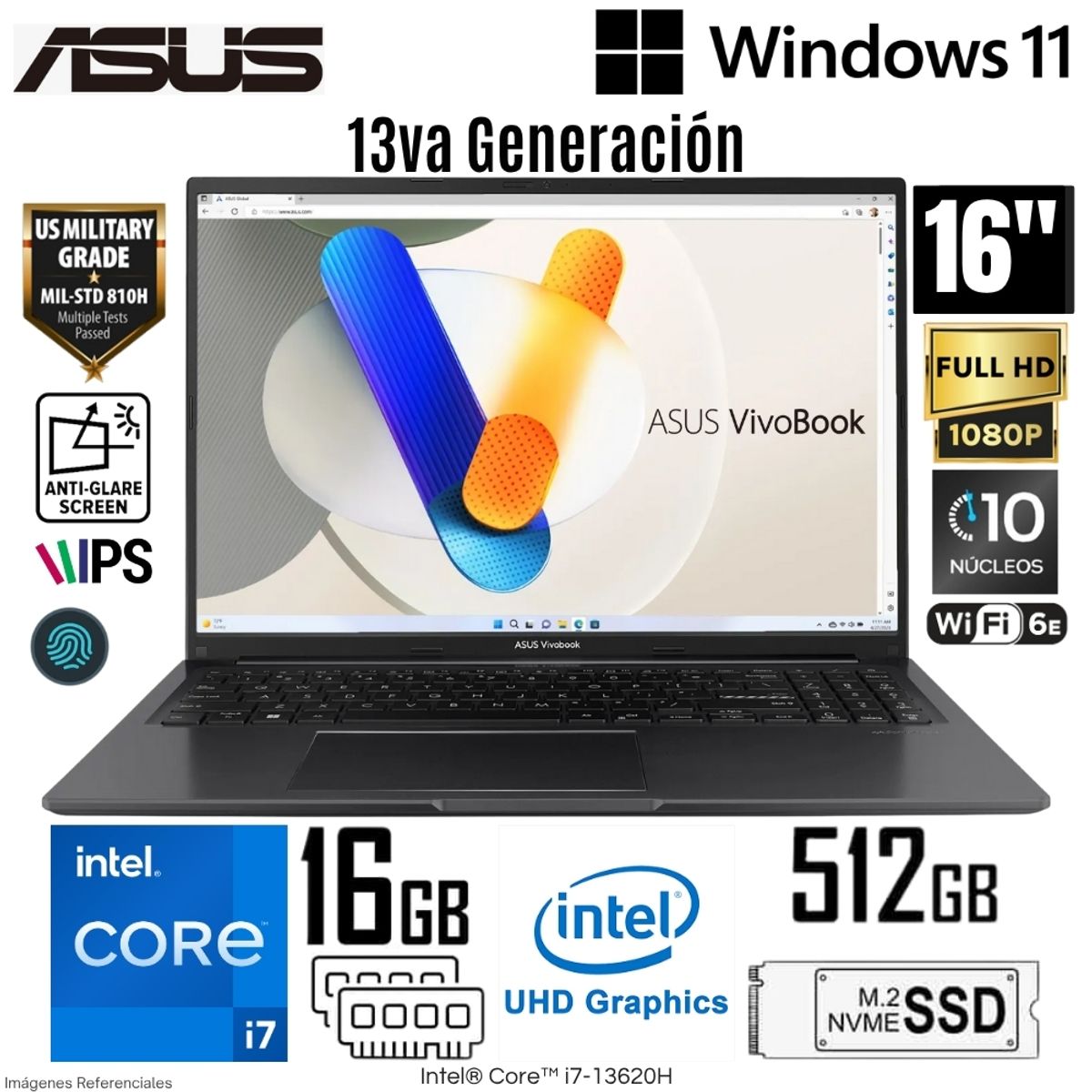ASUS - Laptop Asus Vivobook X1605VA-MB1235 Intel Core i7-13620H 16GB RAM 512GB SSD 16"  WUXGA Indie Black