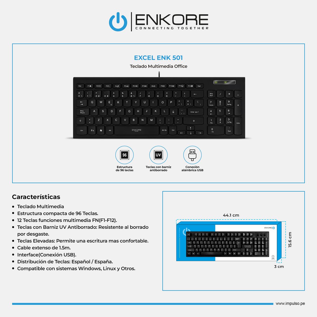 ENKORE - Teclado Oficina Multimedia 96 Teclas Enkore Excel ENK 501