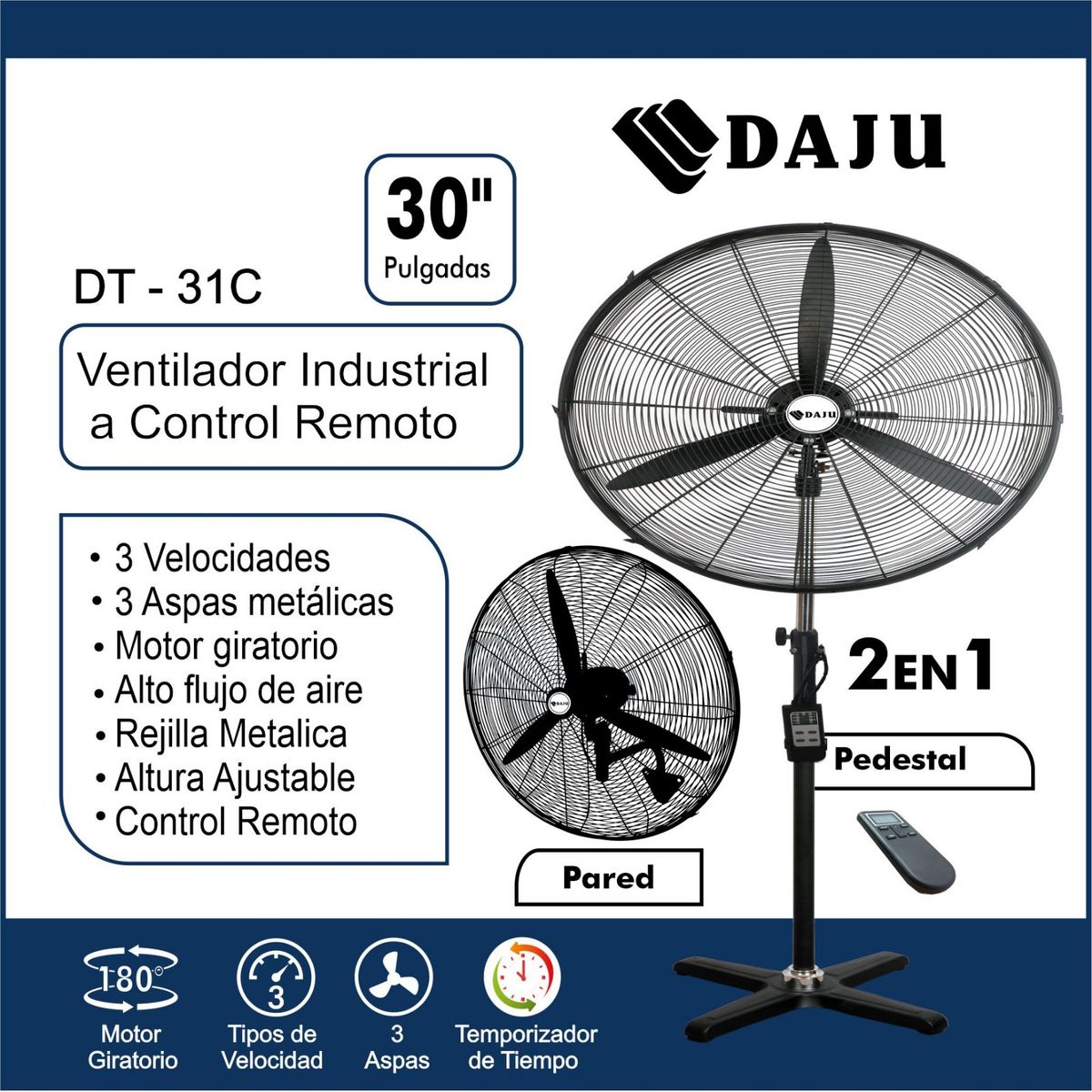GENERICO - Ventilador Industrial DAJU 30" 2 en 1 con Control Remoto – 230 watts