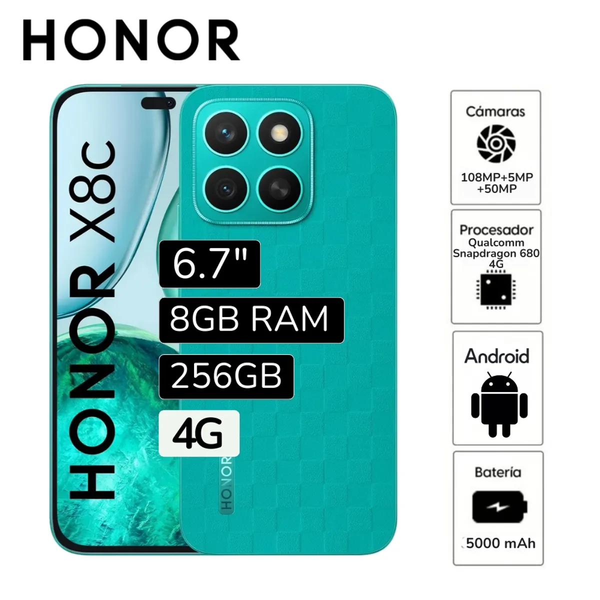 HONOR - Celular Honor X8C 8GB RAM 256GB  cámara principal 108MP + 5MP frontal 50MP 6.5"  Pulg - Verde