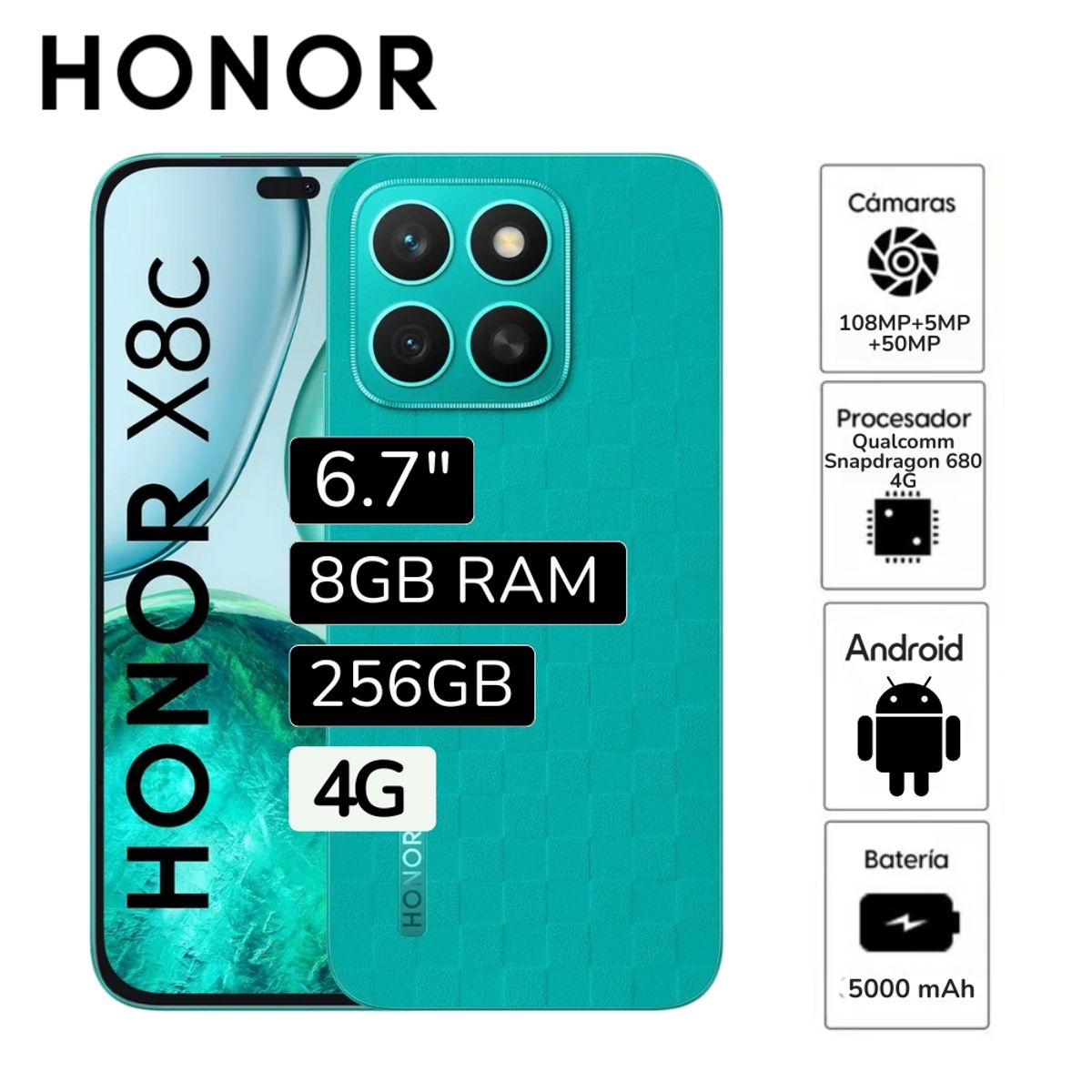HONOR - Celular Honor X8C 8GB RAM 256GB  cámara principal 108MP + 5MP frontal 50MP 6.5"  Pulg - Verde