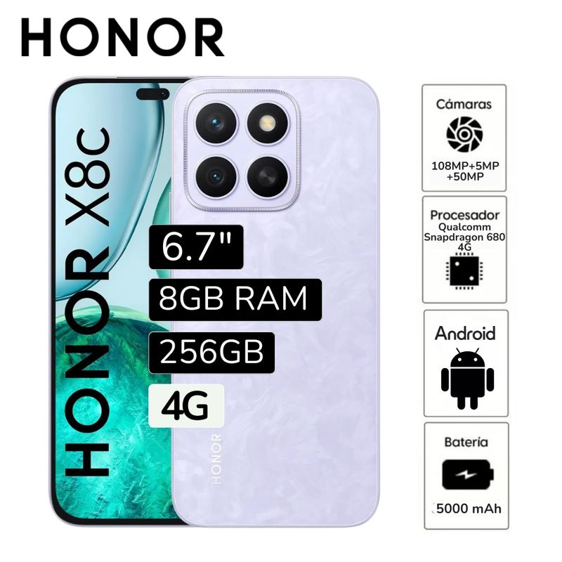 HONOR - Celular Honor X8C 8GB RAM 256GB cámara principal 108MP + 5MP frontal 50MP 65 Pulg - Lila