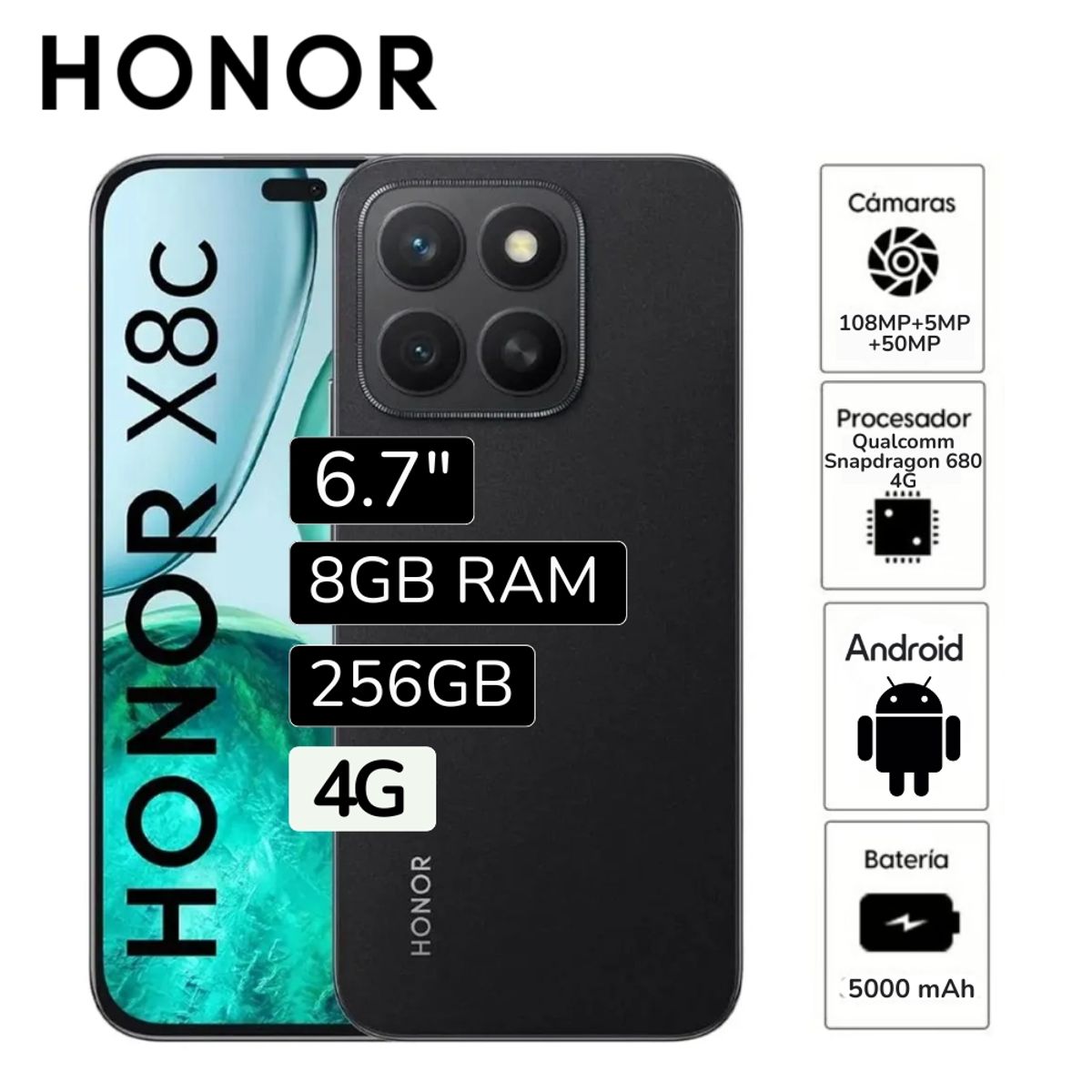 HONOR - Celular Honor X8C 8GB RAM 256GB cámara principal 108MP + 5MP frontal 50MP 65 Pulg - Negro