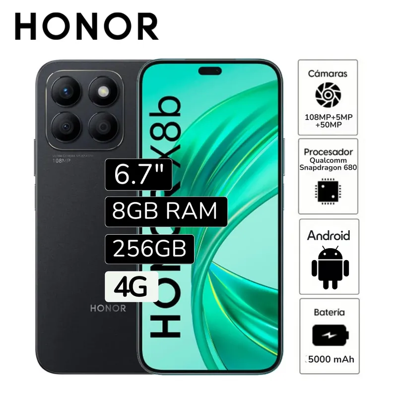 HONOR - Celular Honor X8B 8GB RAM 256GB cámara principal 108MP + 5MP frontal 50MP 67 Pulg - Negro