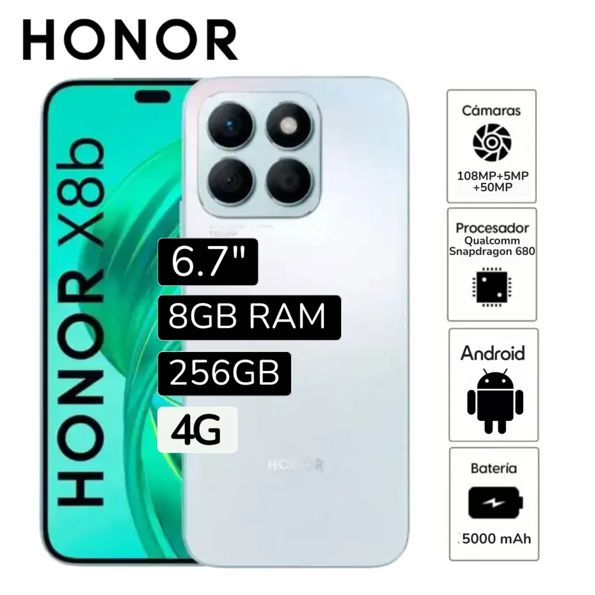 HONOR - Celular Libre Honor X8B 8GB RAM 256GB cámara principal 108MP + 5MP frontal 50MP 67 Pulg - Azul