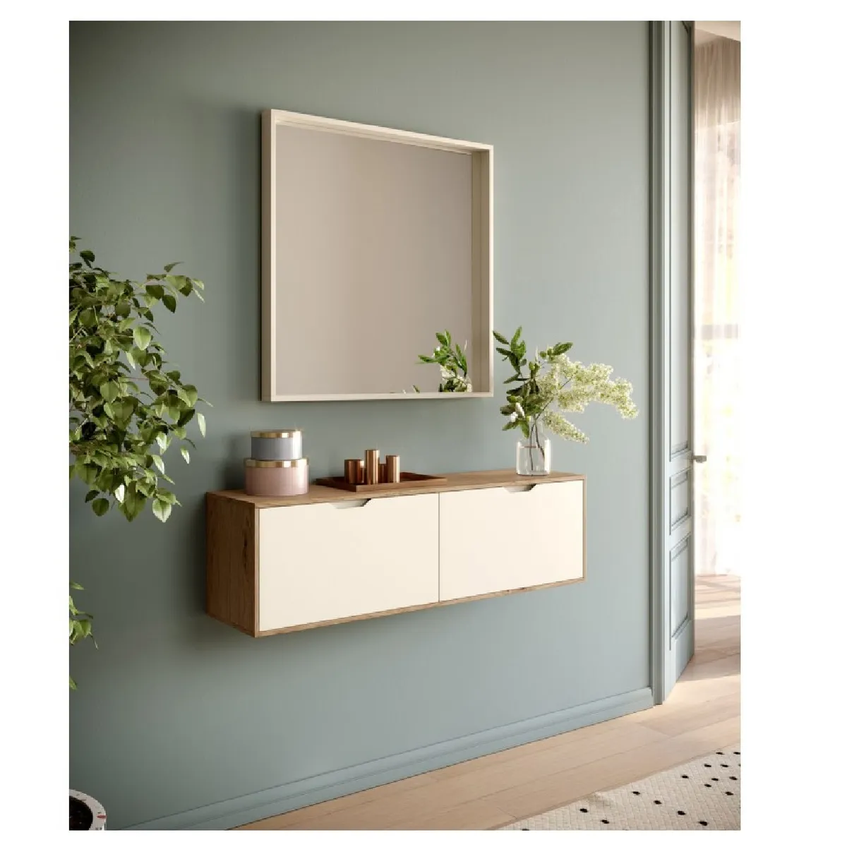 TU MESITA - Recibidor Flotante Tadeo BlancoNatural 2 puertas con espejo TU MESITA