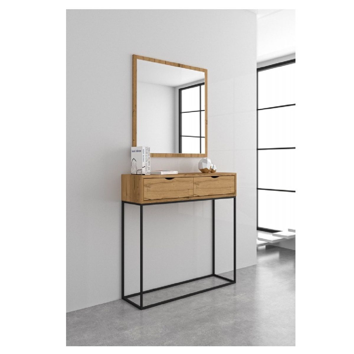 TU MESITA - Consola Industrial Scott NaturalNegro 2cajones base Metalica TU MESITA