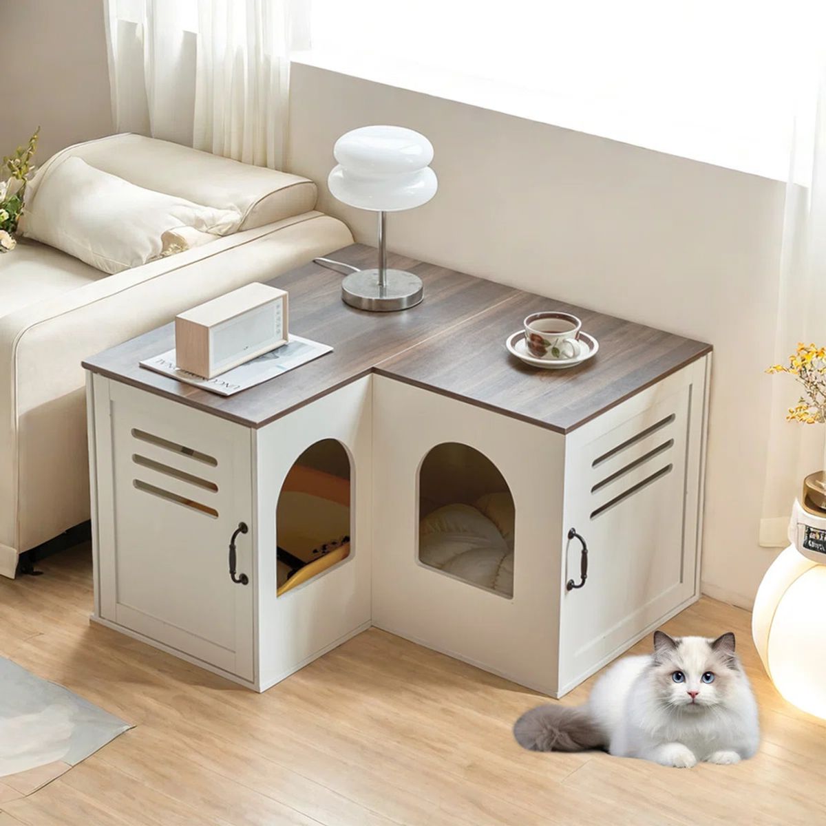 TU MESITA - Mueble en L para Gato Moderno Jazmin BlancoFume TU MESITA