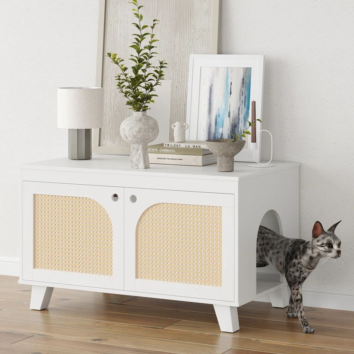 TU MESITA - Muebles de Gato con Espacio para Arenero Mafer Ratan Blanco TU MESITA