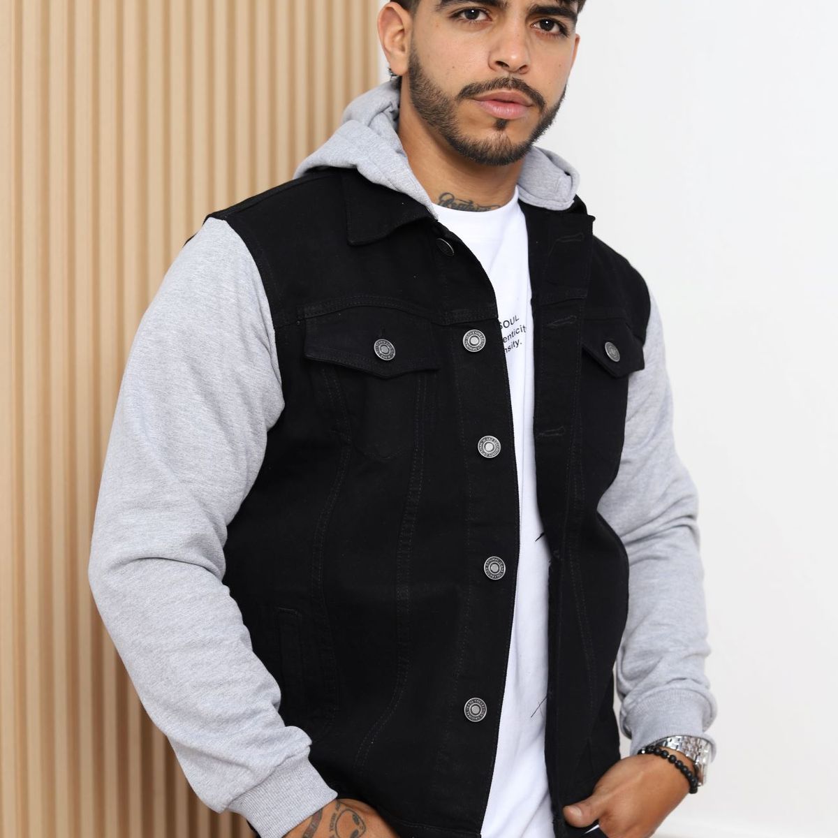 QH - Casaca Denim con Mangas y Capucha de Franela para Hombre