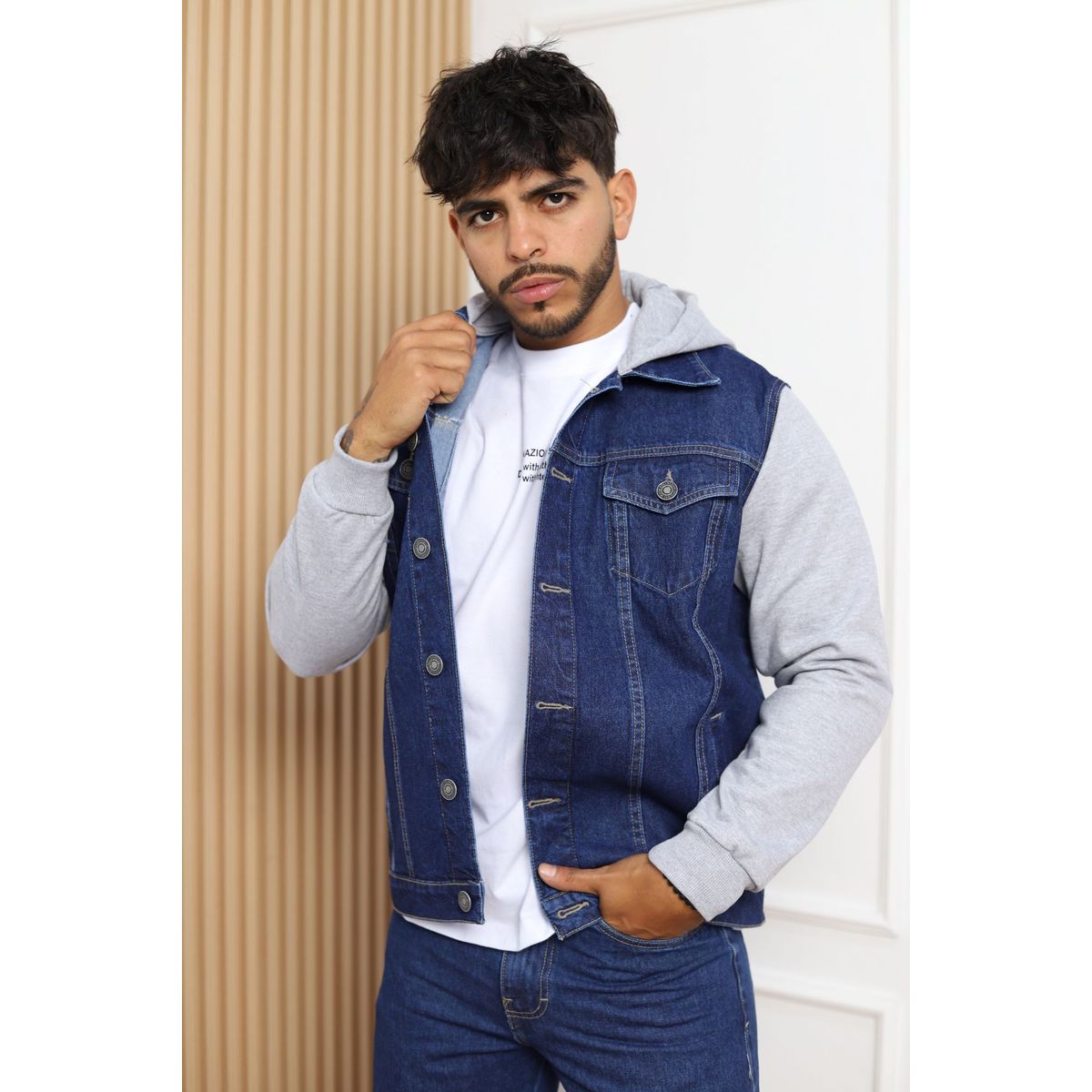 QH - Casaca Denim con Mangas y Capucha de Franela para Hombre
