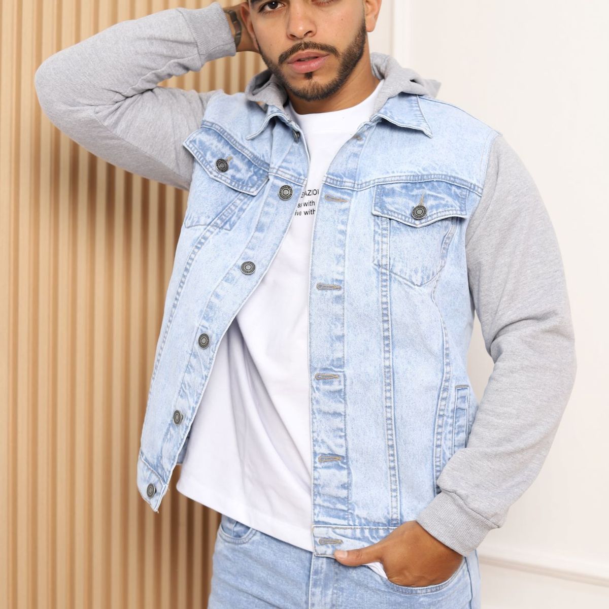 QH - Casaca Denim con Mangas y Capucha de Franela para Hombre