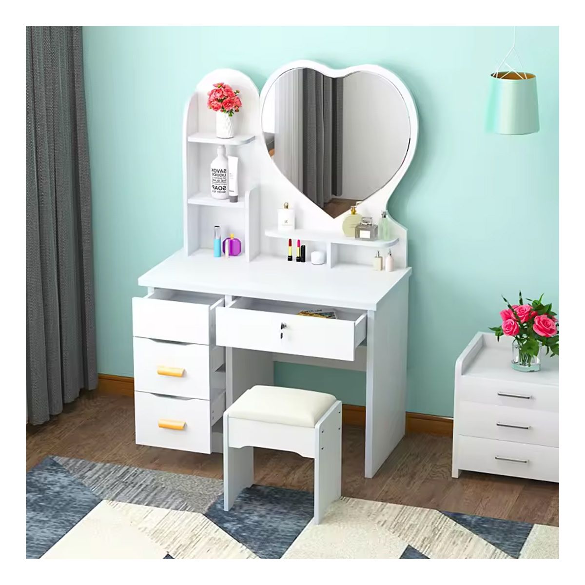 GENERICO - Tocador de Maquillaje Con Espejo Con Taburete Para Dormitorio Blanco