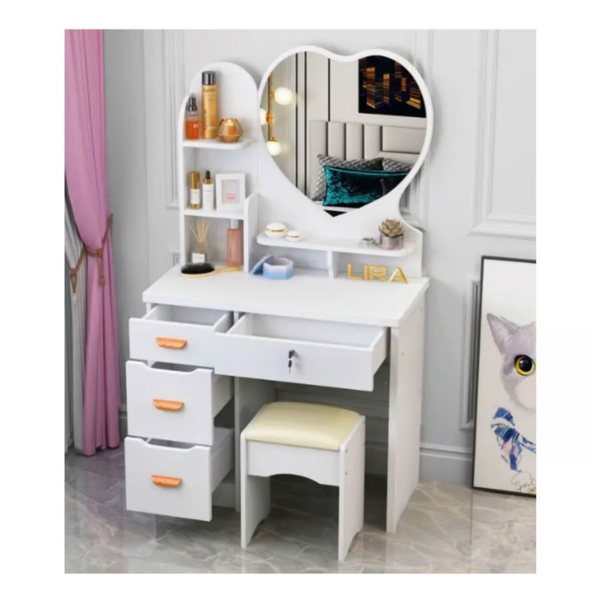 GENERICO - Tocador de Maquillaje Con Espejo Con Taburete Para Dormitorio Blanco