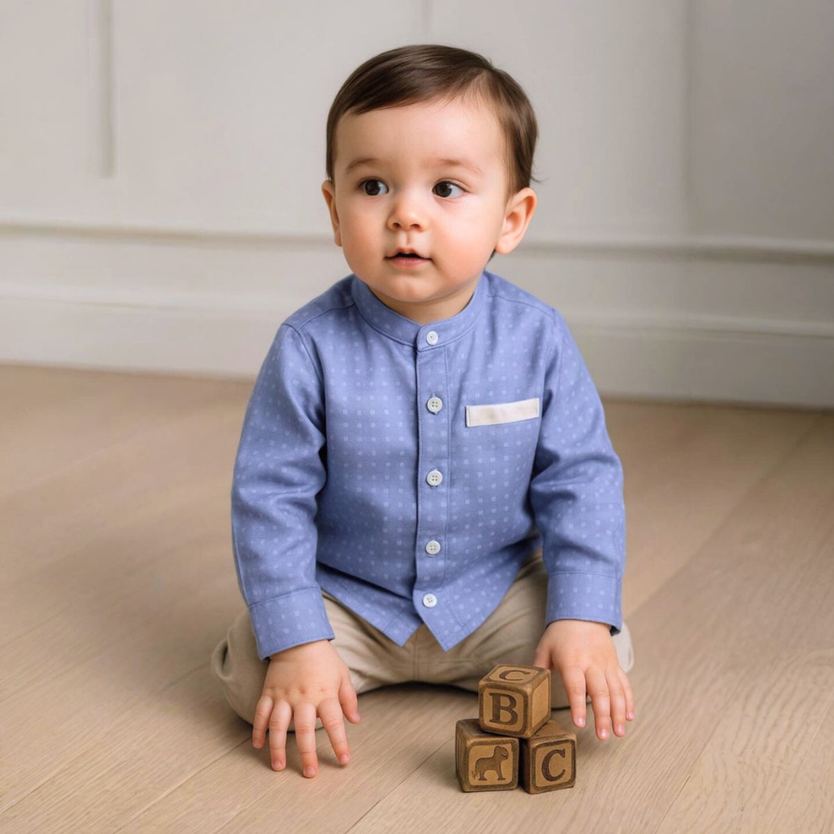 LE PETIT COMPANY - Camisa Bebé Niño Manga Larga 100% Algodón Celeste - Cuello Mao