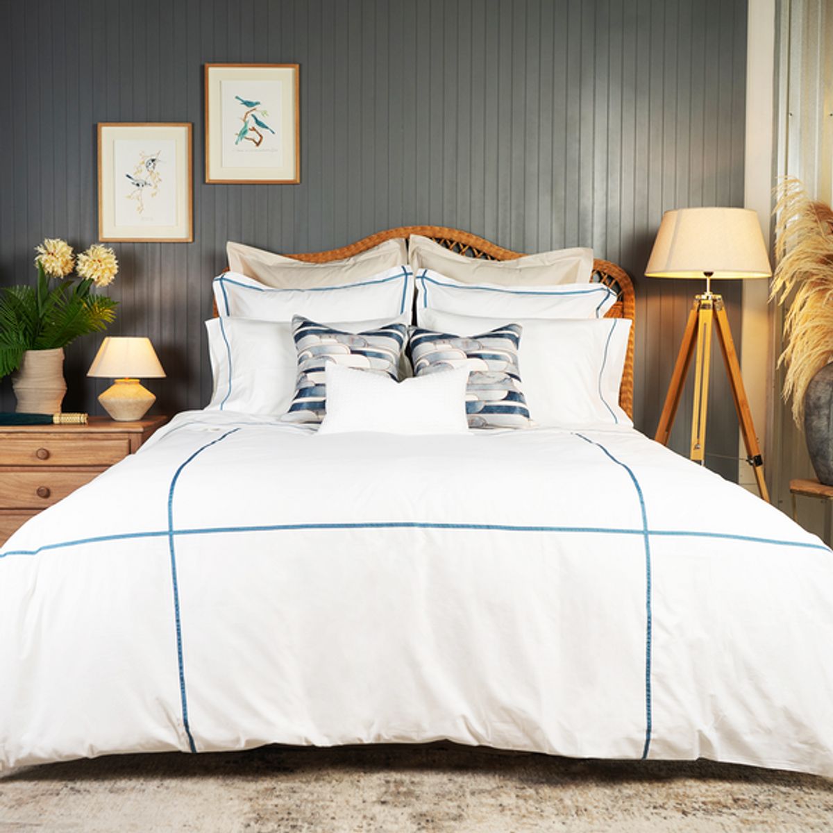 PLUMAS - Juego de Cubreduvet 100% Algodón - Cintas Azul Acero