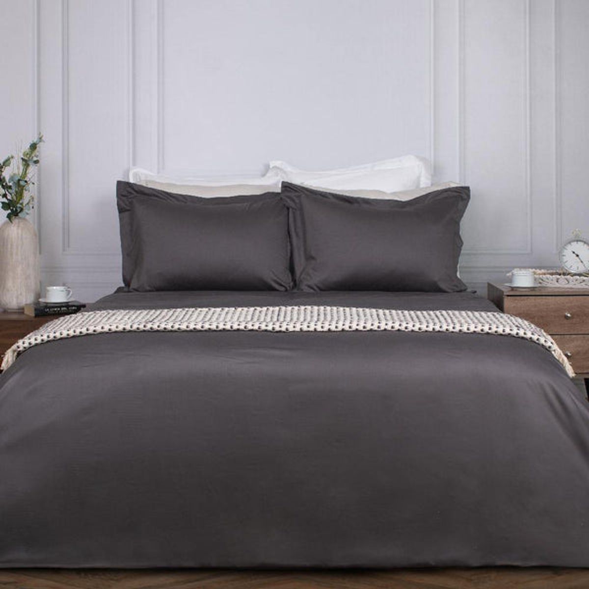 PLUMAS - Juego de Cubreduvet 400 Hilos 100% Algodón Pima Charcoal