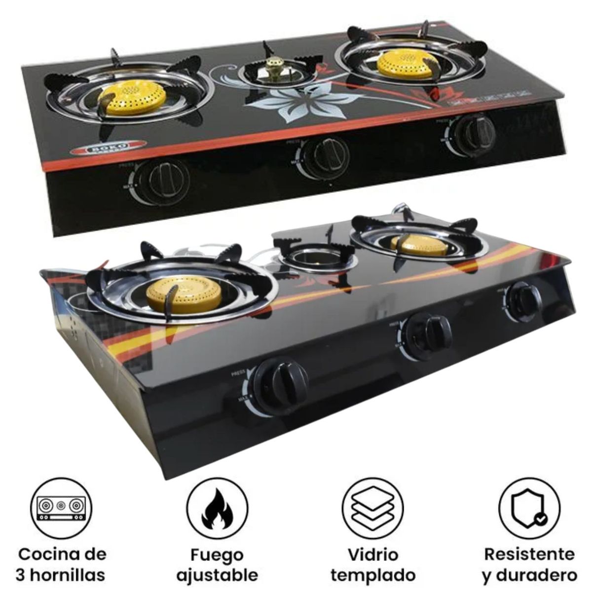 GENERICO - Cocina a Gas MS 66888 3 Hornillas Vidrio Templado