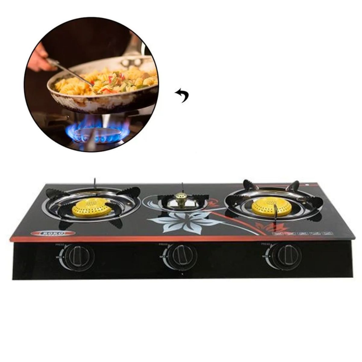 GENERICO - Cocina a Gas MS 66888 3 Hornillas Vidrio Templado