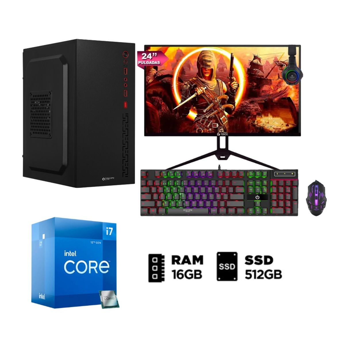 ENKORE - Combo PC Gamer Intel Core i7 12va 512GB 16GB + Monitor 24
