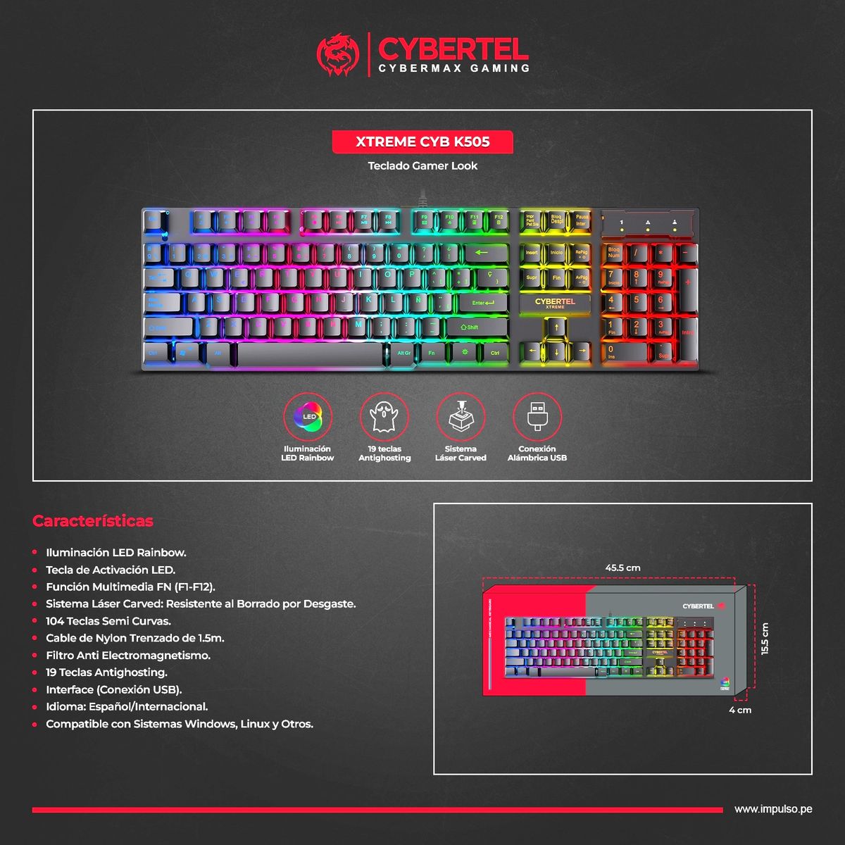 CYBERTEL - Teclado Gamer RainbowLED Antighosting Cybertel Xtreme CYB K505