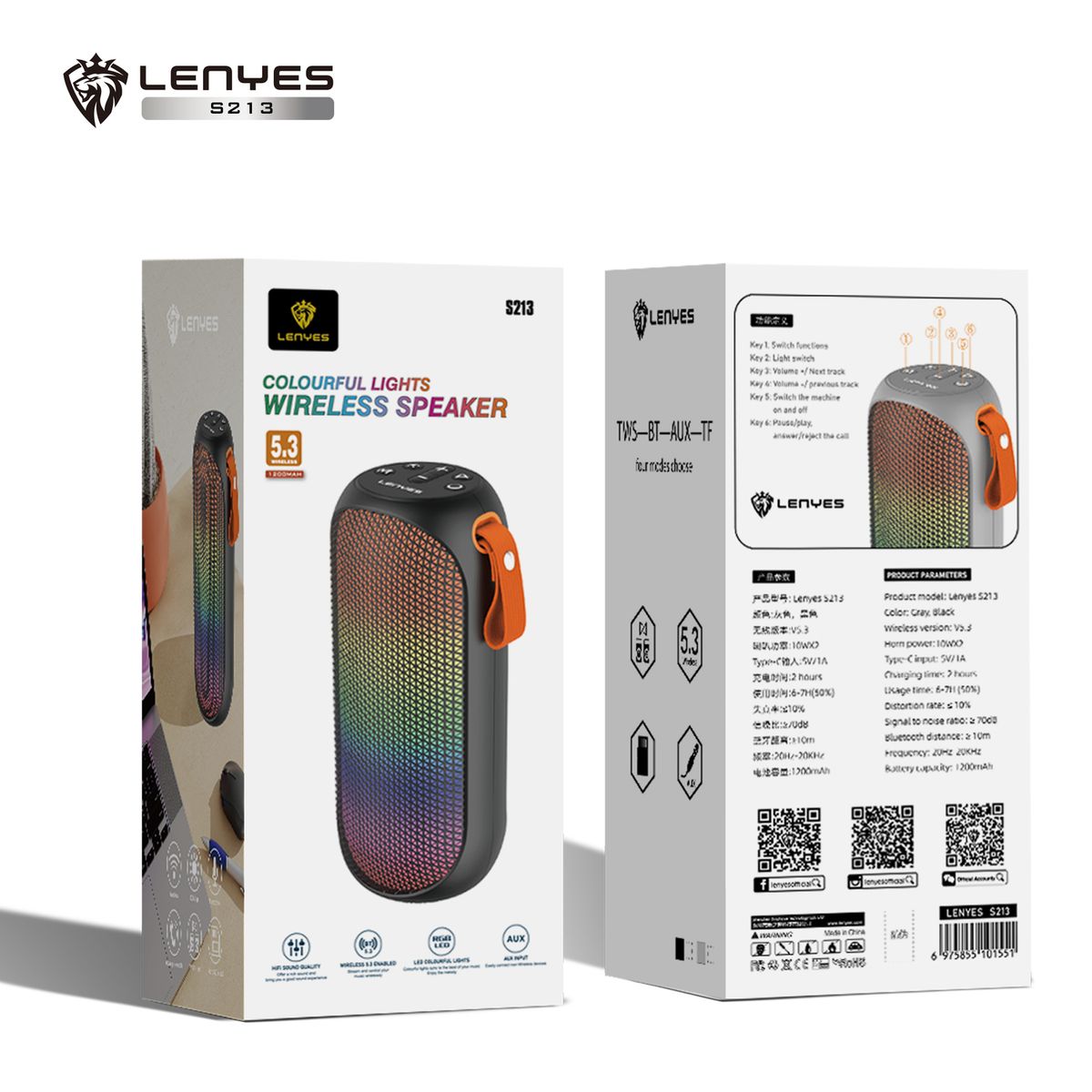 LENYES - Parlante Bluetooth Lenyes S213 Negro 20W RGB TWS Batería 1200mAh