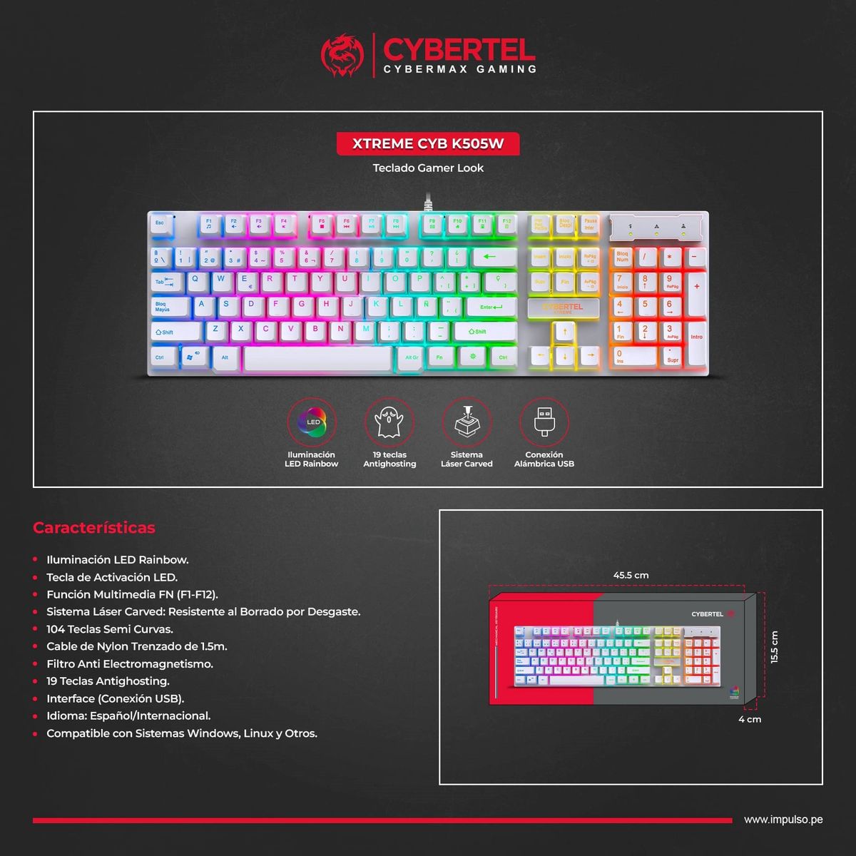 CYBERTEL - Teclado Gamer RainbowLED Antighosting Cybertel Xtreme CYB K505W