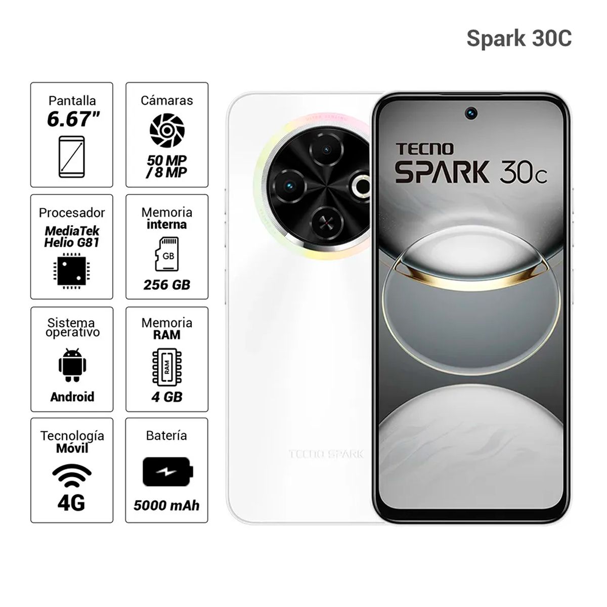 TECNO MOBILE - CELULAR TECNO SPARK 30C 4GB RAM 256GB BLANCO