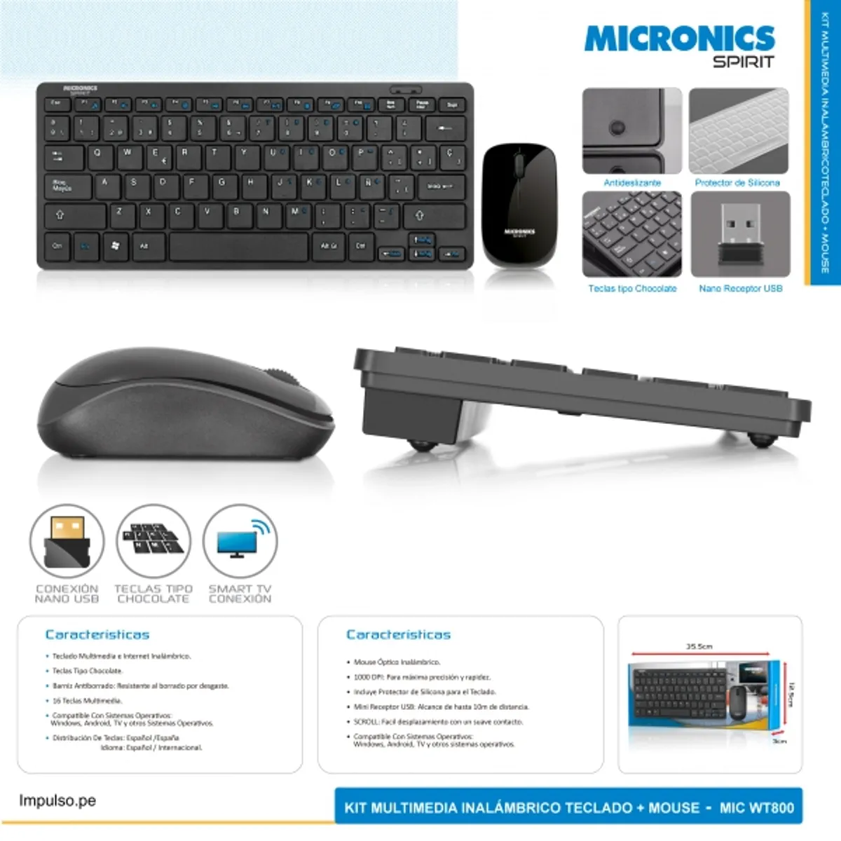 MICRONICS - Teclado y Mouse inalámbrico color negro Micronics SPIRIT3 MIC WT800-3M
