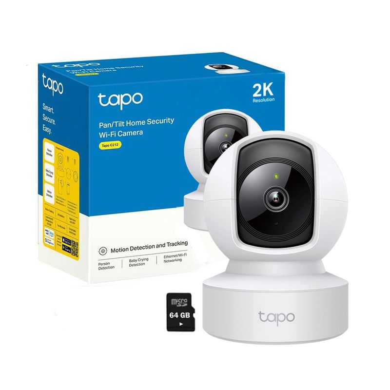 TP LINK - Tapo C212 3MP 2K Cámara Seguridad Wi-Fi Gira 360° SD 64GB