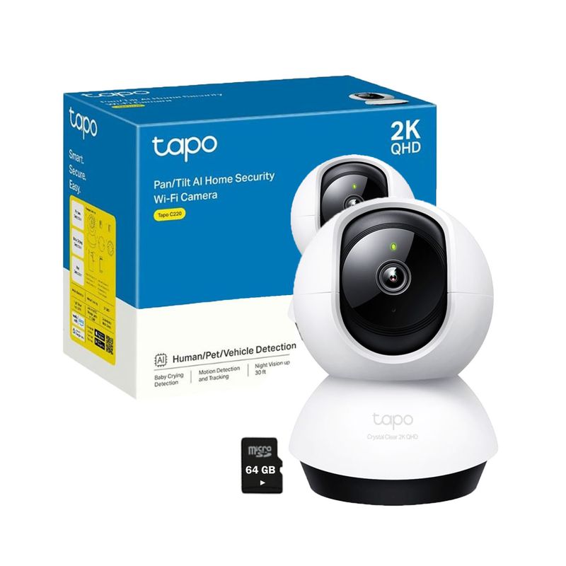 TP LINK - Tapo C220 4MP 2K Cámara Seguridad Wi-Fi Gira 360° SD 64GB