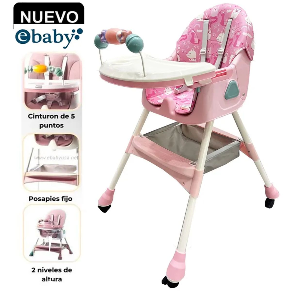 EBABY - Silla de Comer Plegable Con Ruedas Doble bandeja LULU- ROSADO