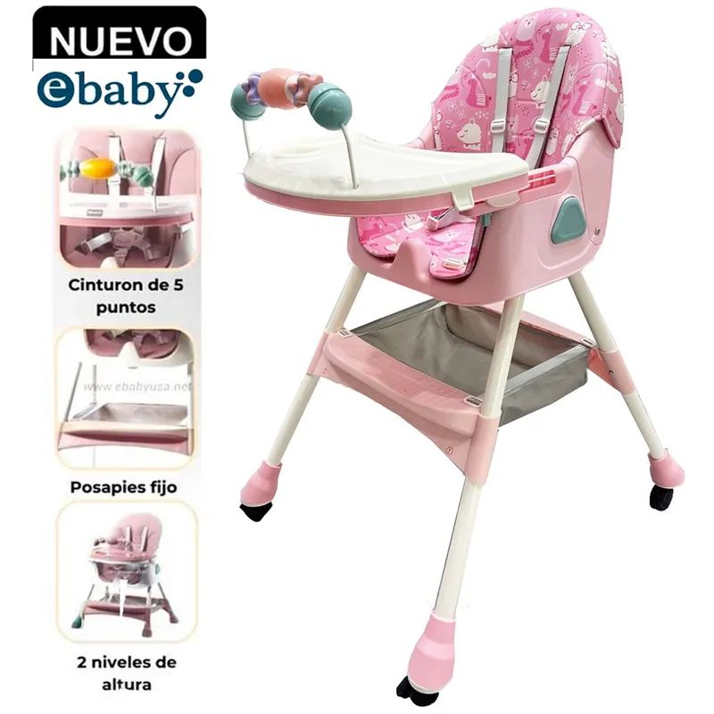 EBABY - Silla de Comer Plegable Con Ruedas Doble bandeja LULU- ROSADO