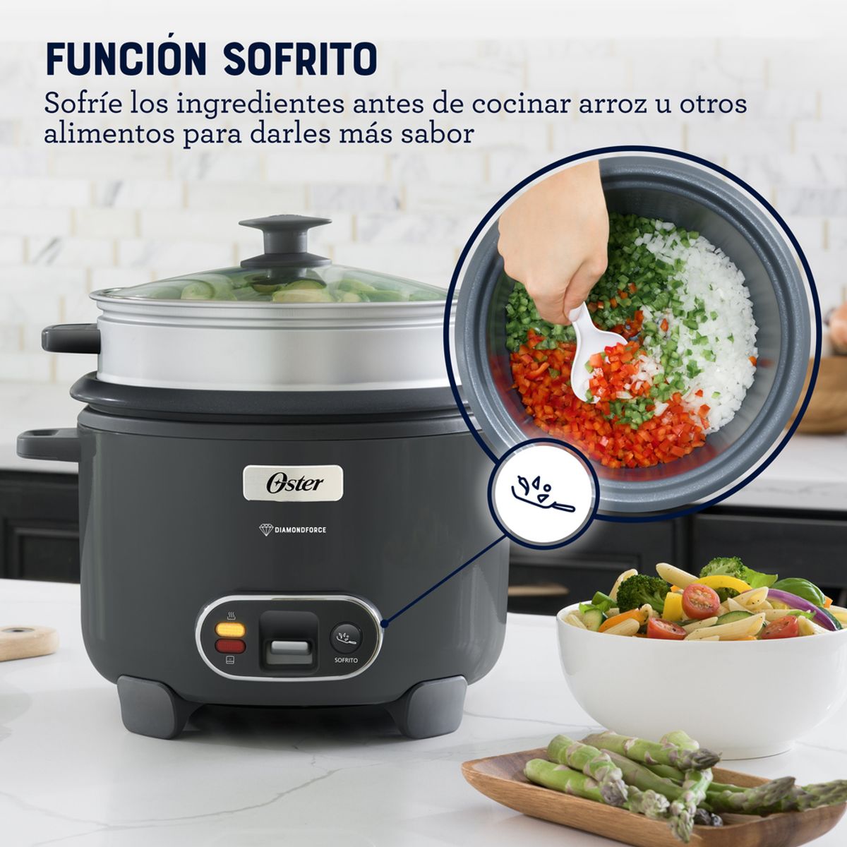 OSTER - Arrocera Oster 10 Tazas Con Recubrimiento Diamondforce Con Función De Sofrito Y Vaporera