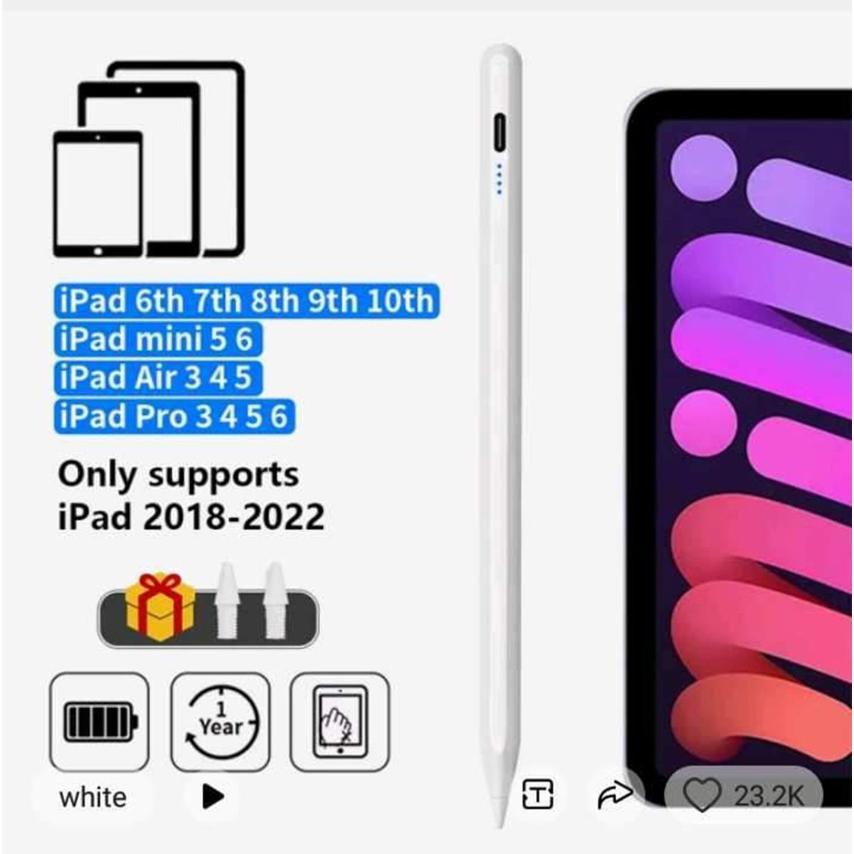STYLUS - Lápiz Táctil Stylus pen Apple alternativo IPad con rechazo palma White