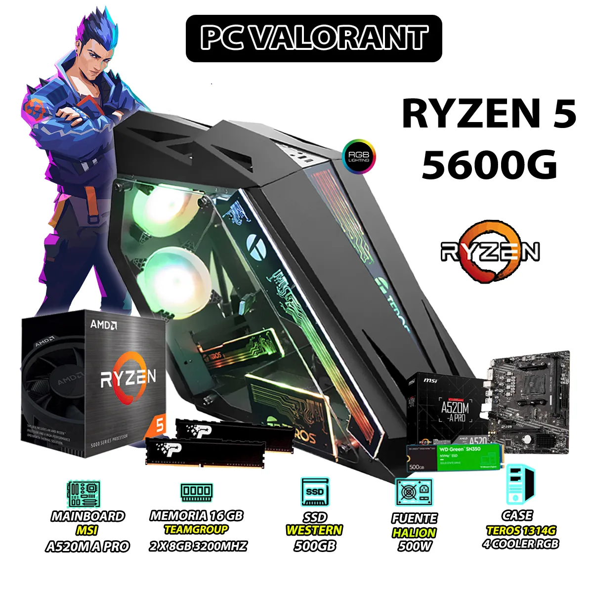 AMD - Computadora PC Ryzen 5 5600G RAM 16GB DISCO SOLIDO 500GB
