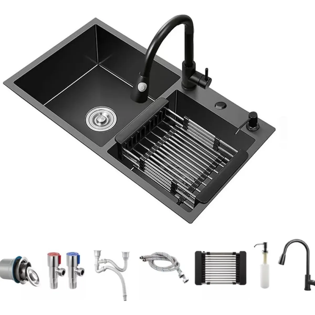 LABALAOS - Lavaplatos 75x40 Black Rejilla Dispensador Llave Juego