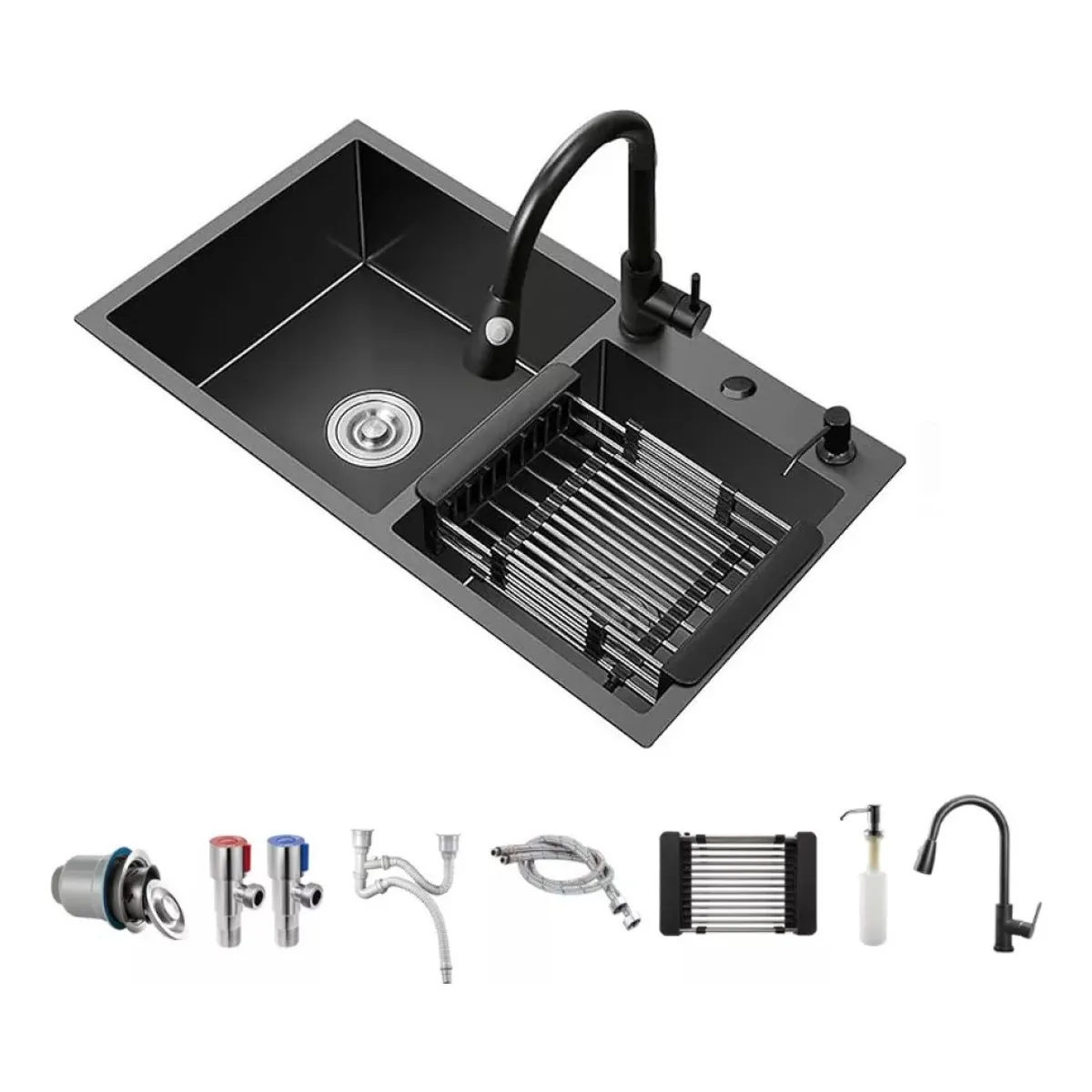 LABALAOS - Lavaplatos 75x40 Black Rejilla Dispensador Llave Juego