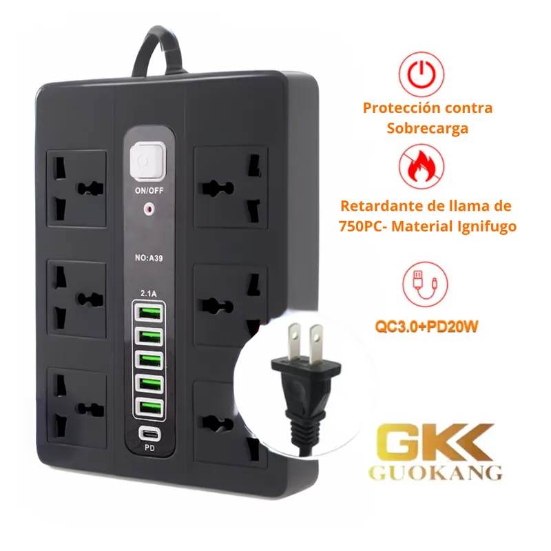 SEISA - Extensión Cargador Multifuncional GK A39 Negro con Puertos USB y Protección Eléctrica