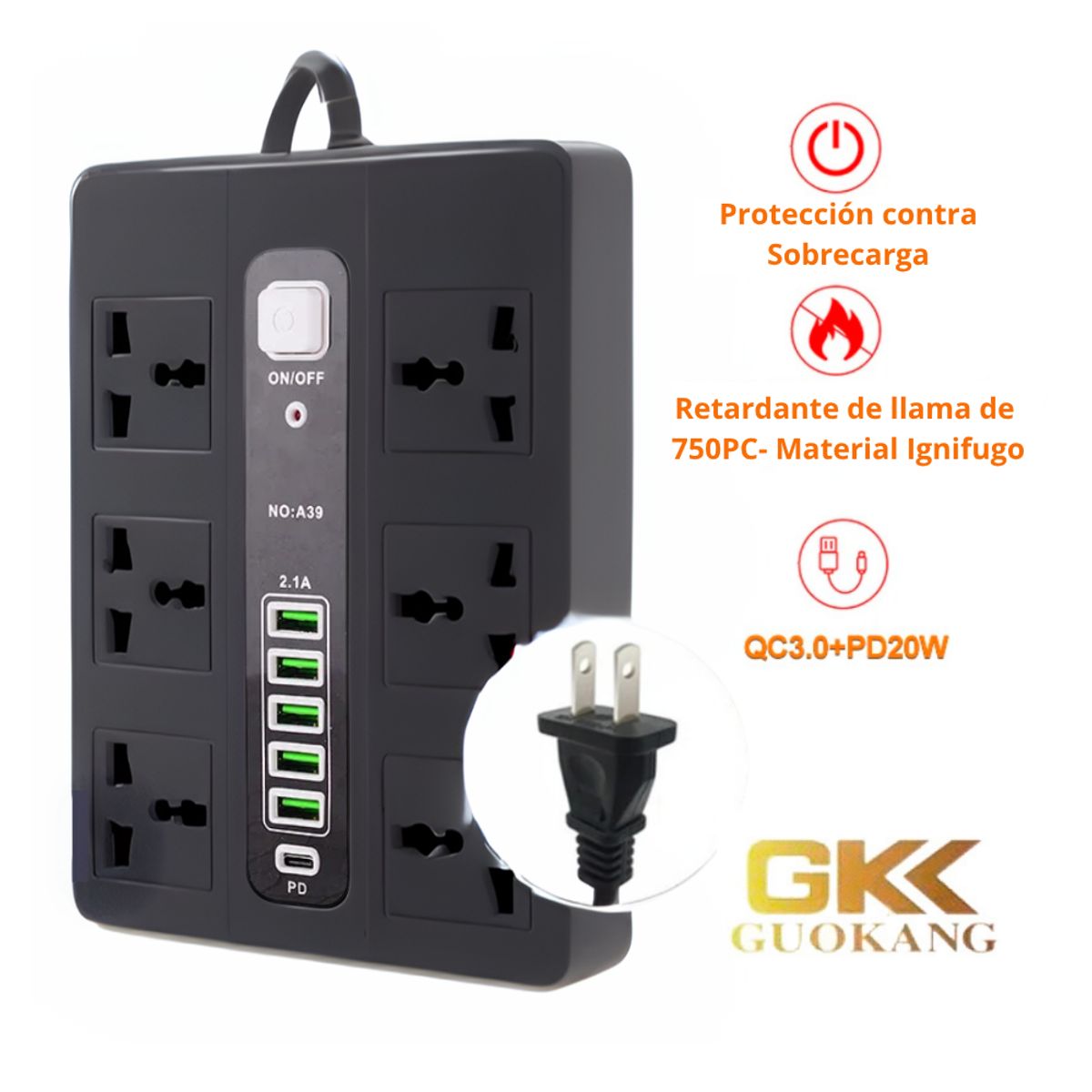 SEISA - Extensión Cargador Multifuncional GK A39 Negro con Puertos USB y Protección Eléctrica