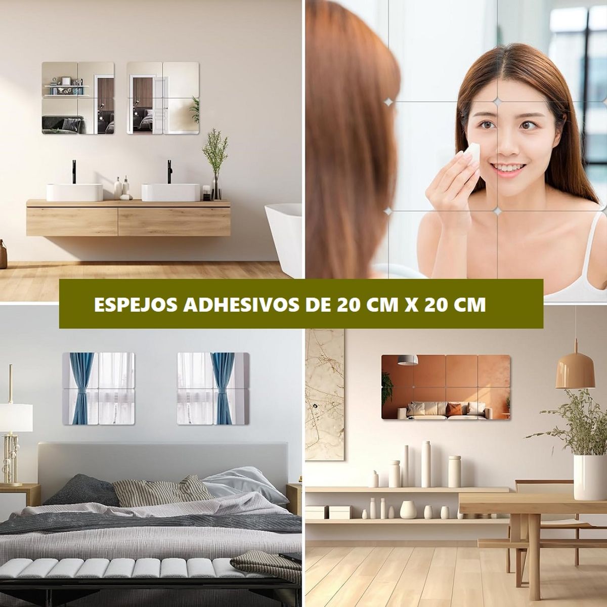 GENERICO - Espejo adhesivo de pared cuadrado 20cm x 20cm Set de 6 und.