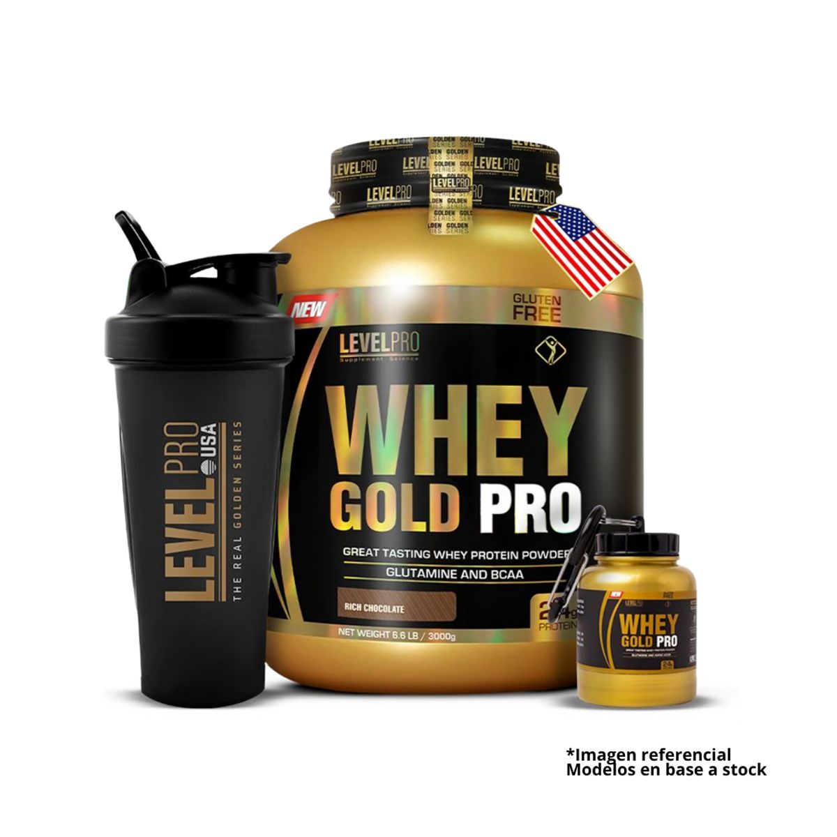 LEVEL PRO - PACK PROTEÍNA WHEY GOLD PRO 3KG CHOCOLATE + SHAKE + PORTAPROTEINA