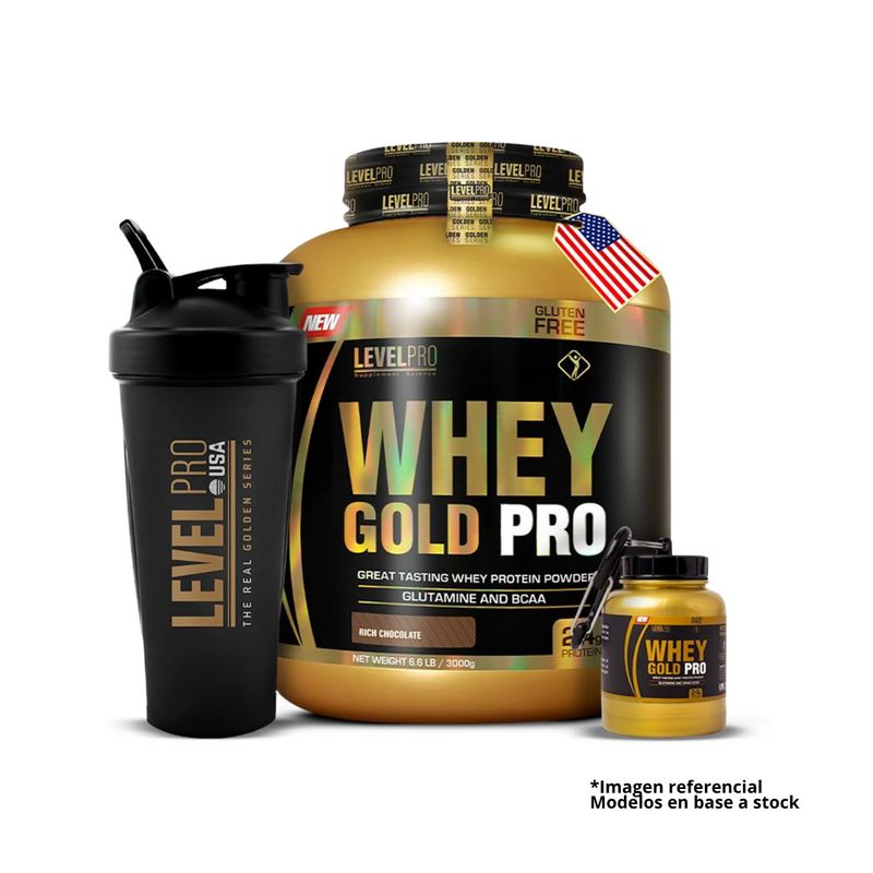 LEVEL PRO - PACK PROTEÍNA WHEY GOLD PRO 3KG CHOCOLATE + SHAKE + PORTAPROTEINA