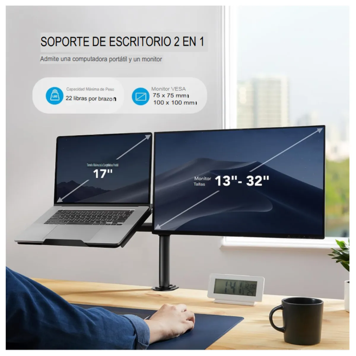 SEISA - Soporte 2 en 1 para Monitor y Laptop 13-32 y Laptop de 10 a 17 con Brazo Articulado Ergonómico