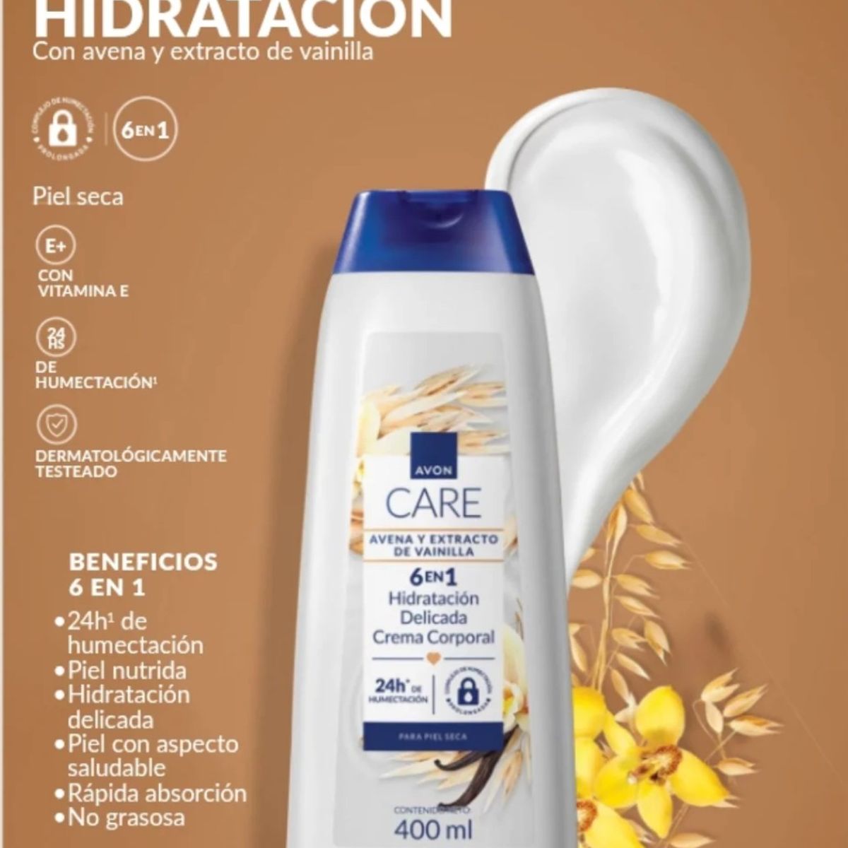 AVON - Hidratante Care 6 En 1 Crema Corporal Avena y extracto de Vainilla 400 ml Avon