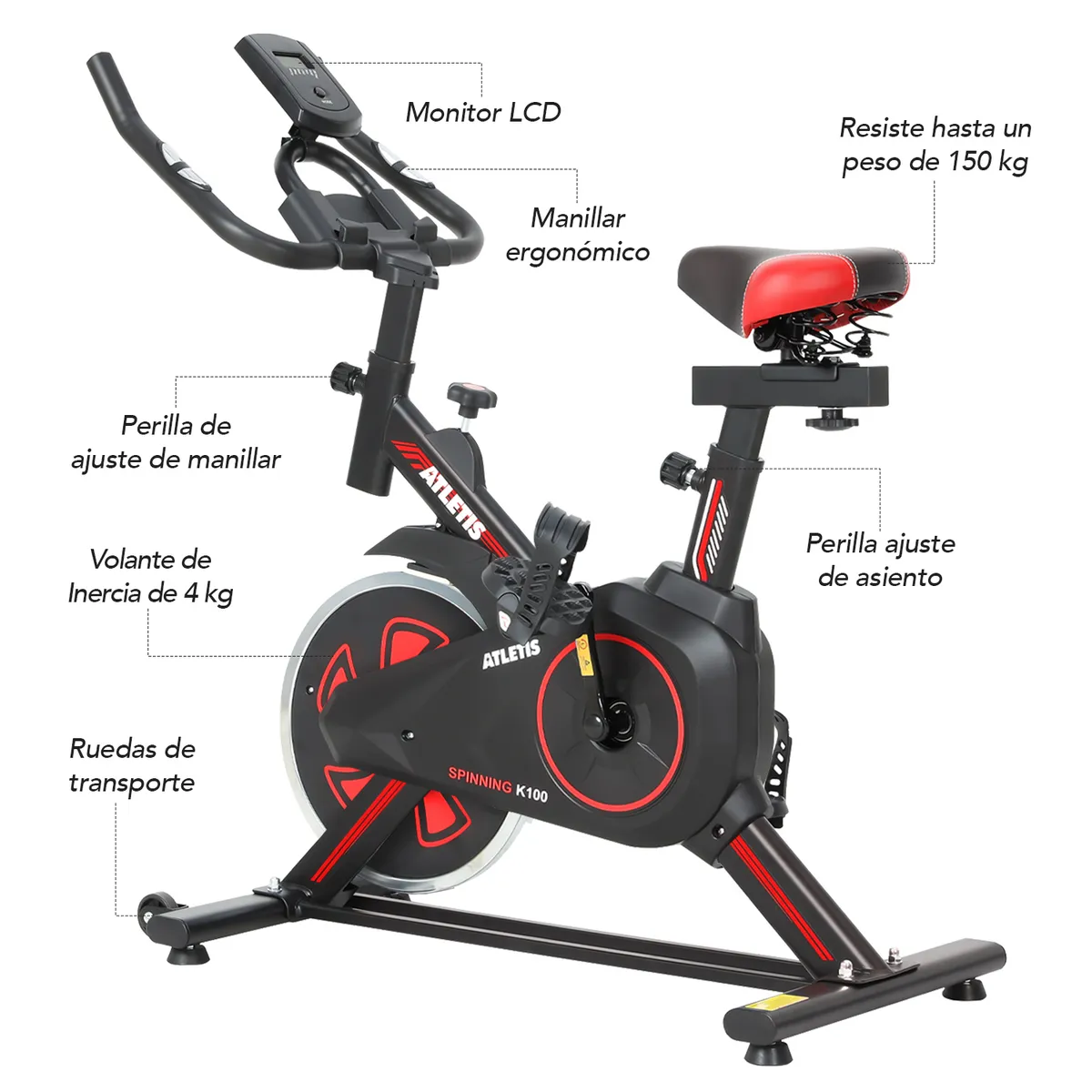 ATLETIS - Bicicleta Spinning K100 Rojo