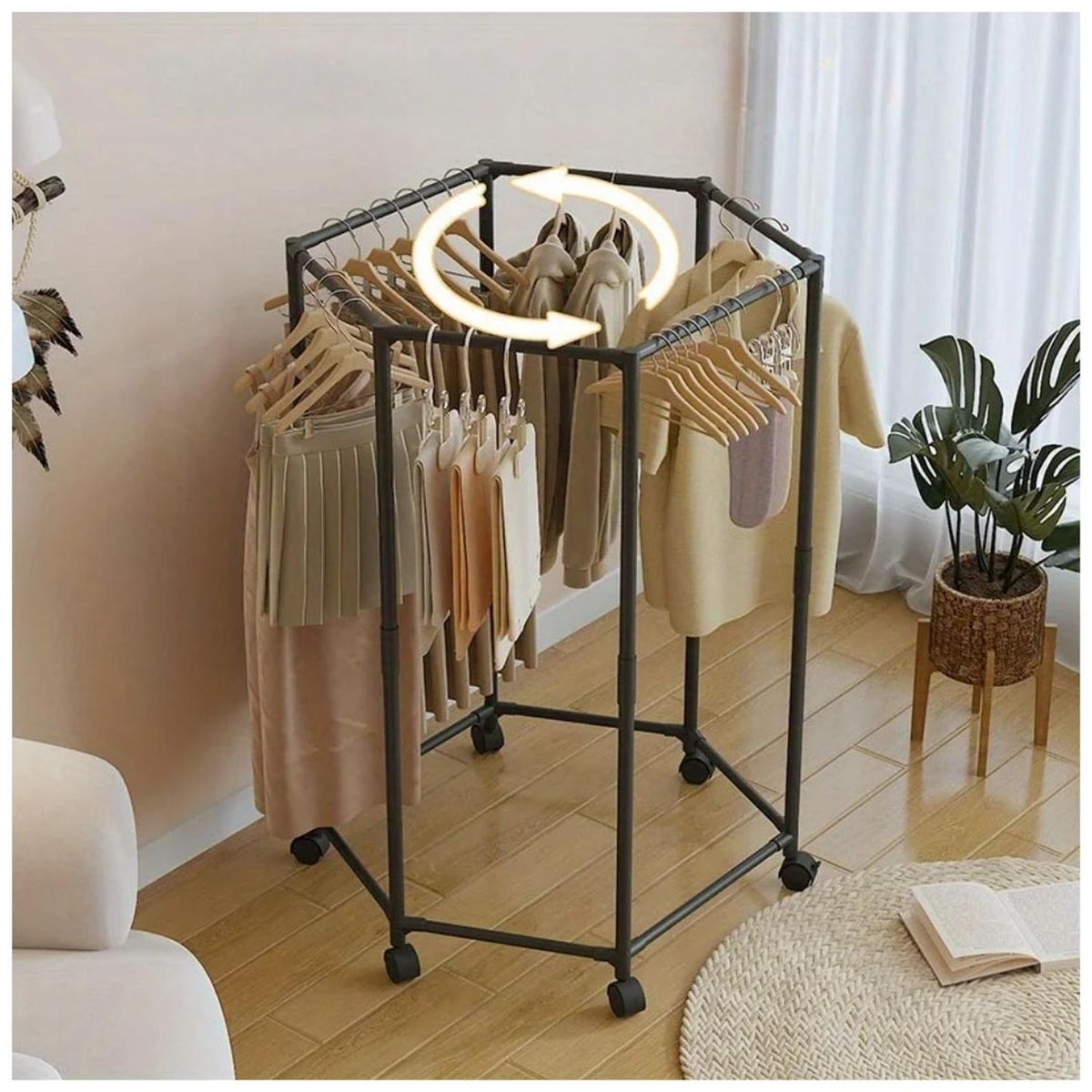 GENERICO - Colgador Organizador de Ropa de 5 barras Giratorio 360° con Ruedas 120x74x35cm - Negro - M