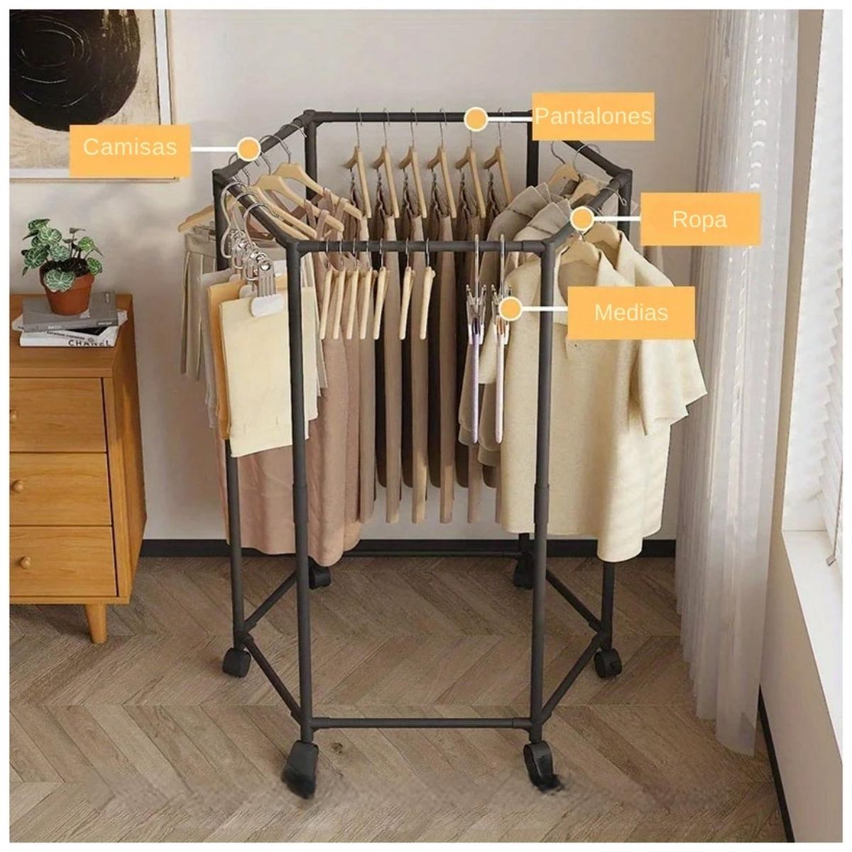 GENERICO - Colgador Organizador de Ropa de 5 barras Giratorio 360° con Ruedas 120x74x35cm - Negro - M