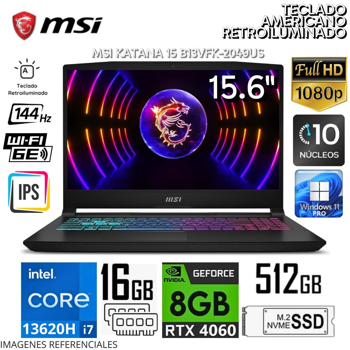 MSI - Laptop Gamer MSI Katana 15 Intel Core i7 13620H 16GB RAM 1TB SSD Nvidia RTX 4060 8GB 15.6" B13VFK-2049US